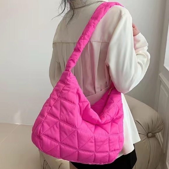 Pink Quilted Puffer Shoulder Bag Lightweight Hobo Bag Handbag New - Picture 2 of 7